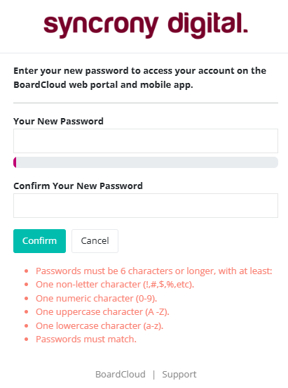 BoardCloud password change or confirm