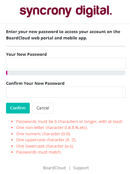 BoardCloud password change or confirm