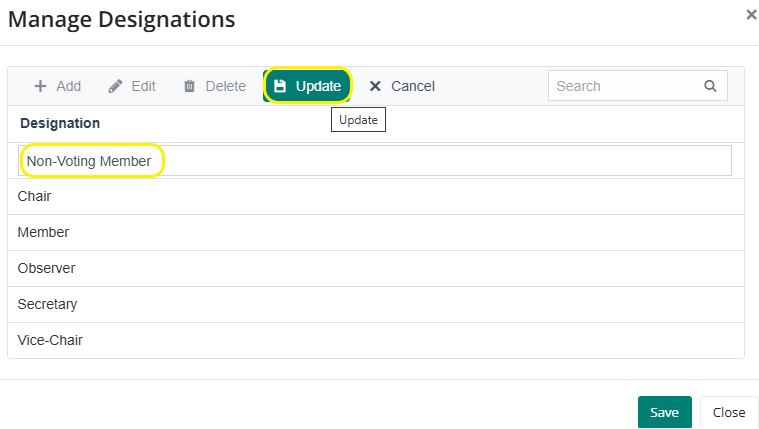 Manage Designations Pop Up