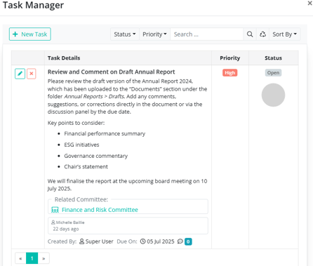 The Task Manager that displays all the tasks for a particular Committee