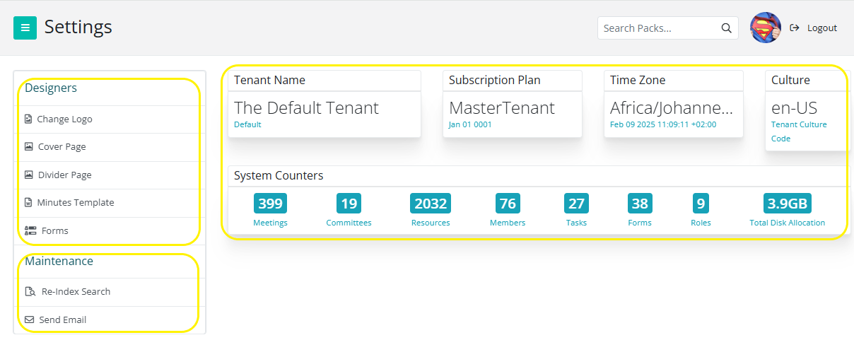 BoardCloud Admin Settings Landing Page