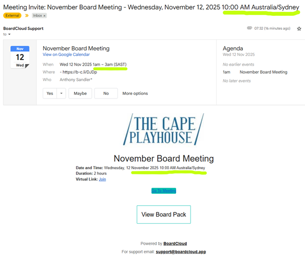 Meeting Invite sent from Australia to South African Member